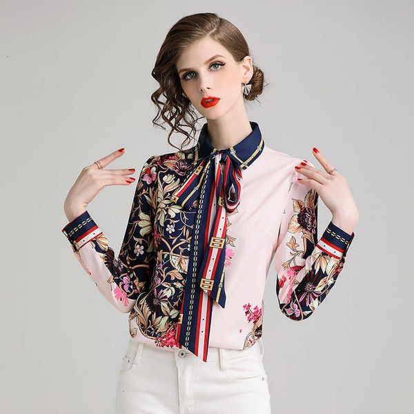 

women's t-shirt women runway shirts fashion elegant bow tie collar flower print long sleeve blouse shirt ladies workwear offi ilyp, White
