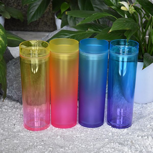 

16oz ombre skinny tumbler 4 styles gradient acrylic double wall clear bpa plastic water flask drinking cups with lid straw heatproof portabl