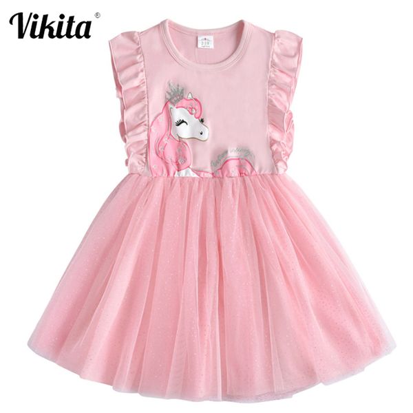 VIKITA Ragazze di marca Unicorno Abiti estivi Bambini Paillettes Tutu Dress Bambini Flare Sleeve Abiti in cotone Baby Girl Princess Clothes 210303