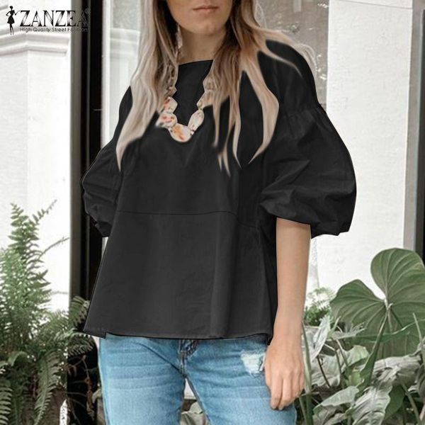 

zanzea office lady blouse women 2021 summer puff half sleeve shirts casual ladies solid loose o-neck loose blusa plus size, White