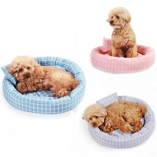 

round puppy kennel cat bed house plaid cotton cushion mat with pillow small dogs cats nest