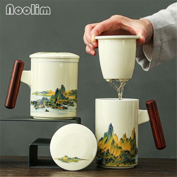 

mugs ceramic strainer coffee mug simple tea water separation cup office filter teacups with lid and wooden handle drinkware 380/420ml