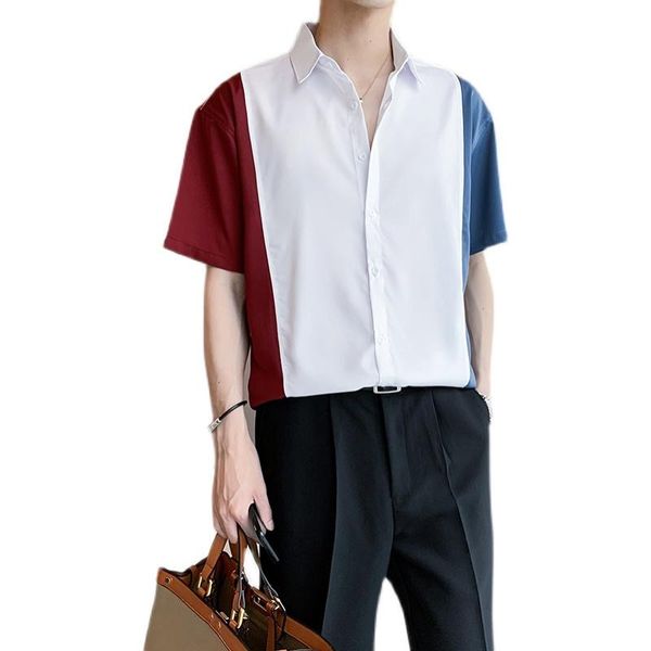 

men's casual shirts white red blue patchwork shirt for men summer short sleeve fashion camisa black khaki chemise, White;black