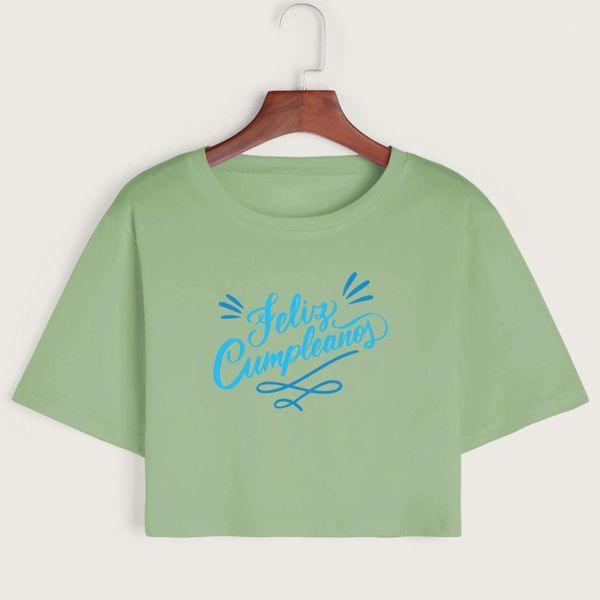 

women's t-shirt feliz cumpleanos crop shirt cropped tee summer short sleeve cotton female girls graphic t-shirts, White