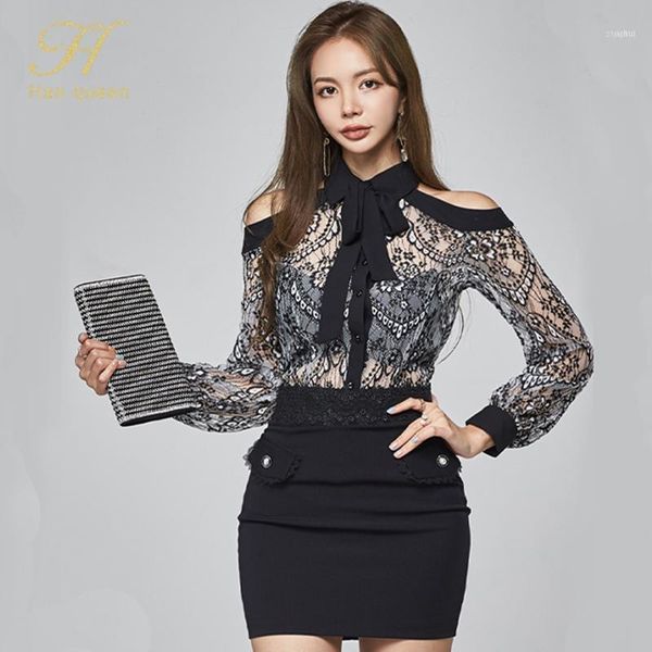 

han queen women skirt suit autumn fashion casual work wear 2 pieces set see through lace & sheath pencil skirt1, White