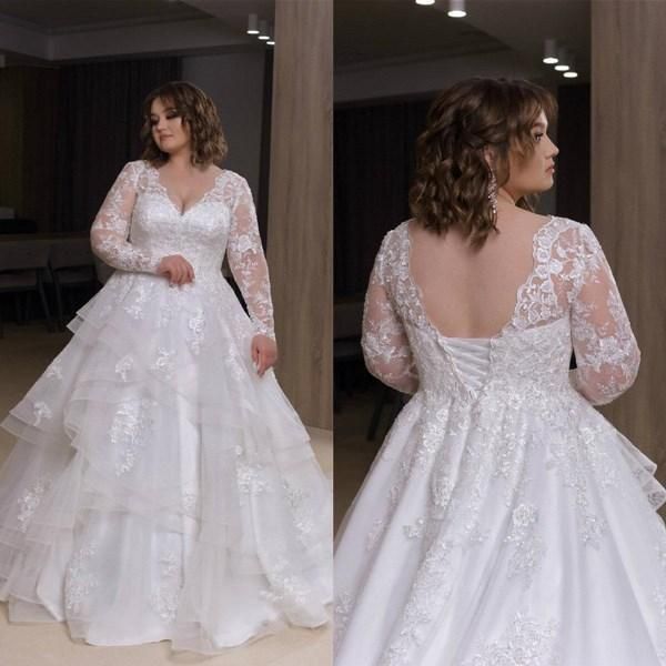 

long sleeves wedding dresses lace applique tiered skirt tulle corset back 2021 vestido de novia plus size wedding bridal gown custom made, White