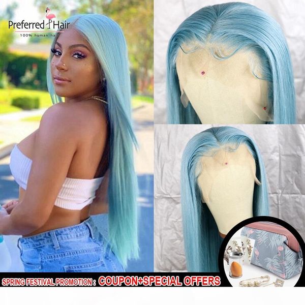 

preferred light blue pink human hair wig with baby hair straight lace front wig remy brazilian transparent lace wigs for women, Black