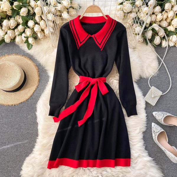 

y women french knitting dress korean retro turn-down collar long sleeve a-line dress autumn fashion sweater short dress, Black;gray