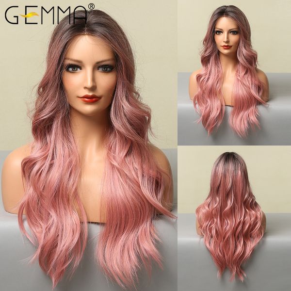 

long wavy synthetic lace wigs ombre black pink lace front wigs for women natural middle part cosplay daily lolita hair