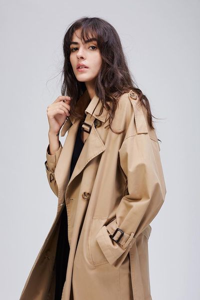 

women's trench coats 2021 spring and autumn casual windbreaker oversized double-breasted retro washed jacket loose clothing long windbr, Tan;black