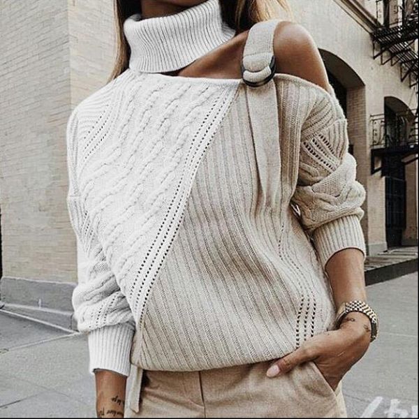 

2021 women turtleneck sweater off shoulder buckle knitted pullover autumn winter long sleeve jumper 19j 197, White;black