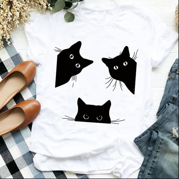 

women lady t shirt cat mujer camisetas casual funny face print tee for womens clothes tshirt female graphic, White