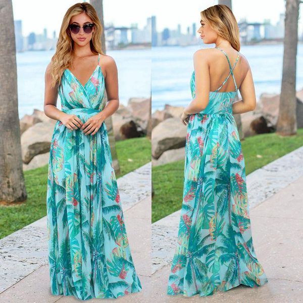 

casual dresses women sleeveless beach dress floral print boho maxi for summer elegant party v-neck long, Black;gray