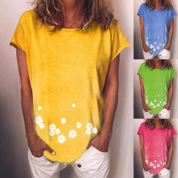 

2021 euro american summer new short sleeve daisy print t-shirt women's top, White