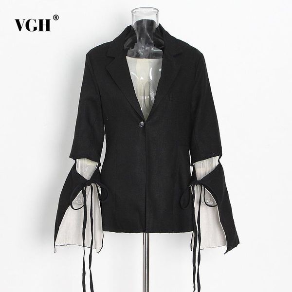 

women's suits & blazers vgh lace up bowknot black blazer for women notched long sleeve tunic casual female fashion clothing 2021 spring, White;black