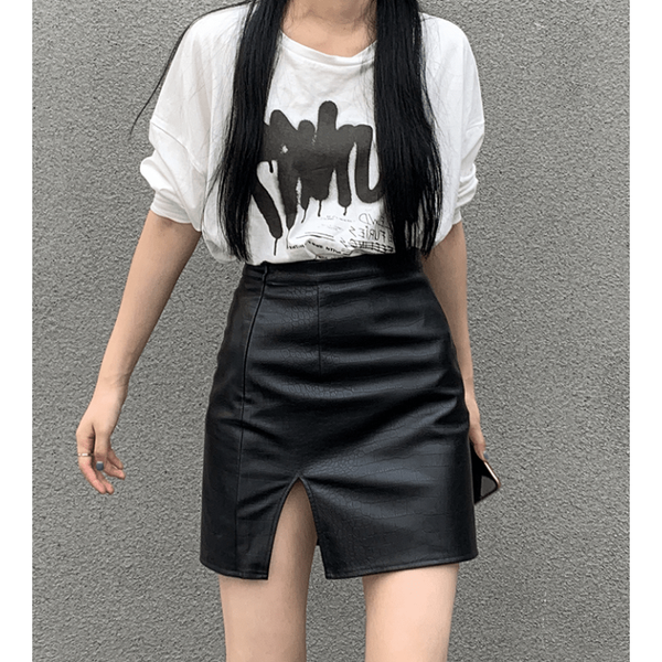 

black pu mini split leather skirt women harajuku vintage punk gothic high waist streetwear plus size pencil skirts clothes