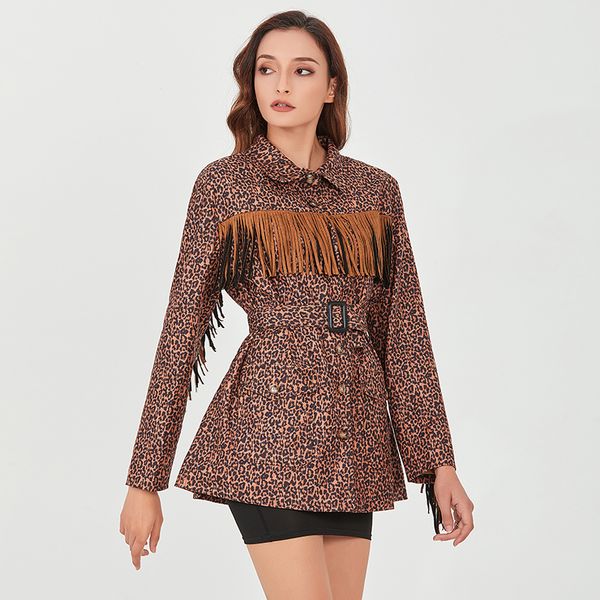 

leopard patchwork tassel jacket for women lapel long sleeve with sashes casual streetwear coat female 2020 fall new, Black;brown