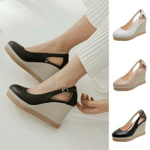 

dress shoes elegant women ladies espadrille wedge closed toe slip on heel pumps plus size, Black
