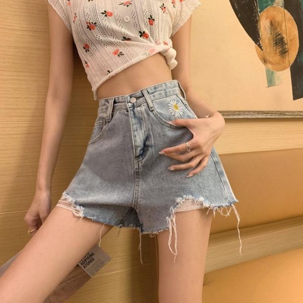 

women's shorts wide leg women summer slim hole denim loose jean, White;black