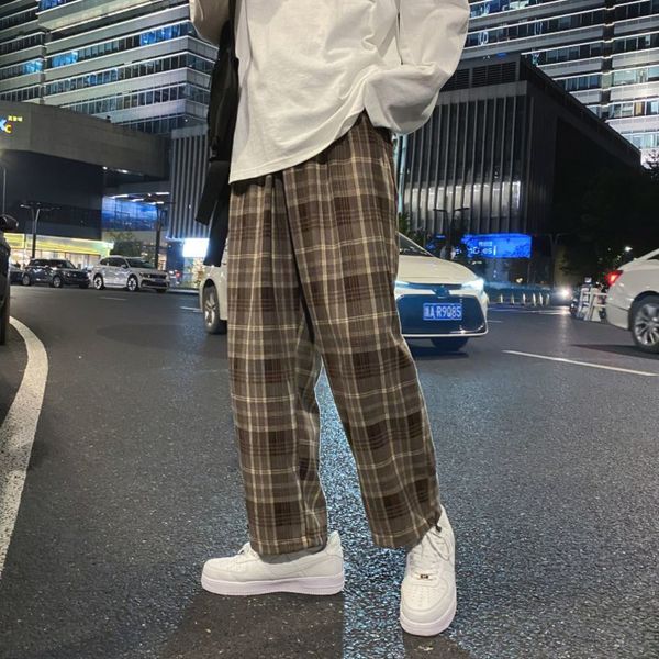 

2021 new autumn cotton plaid men's fashion retro casual wide-leg pants men streetwear loose hip-hop straight trousers mens m-2xl imzo, Black