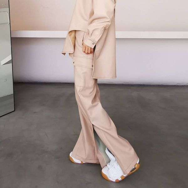 

bottom split wide leg pants for women high waist pocket straight casual loose pu leather trouser female fashion new, Black;white