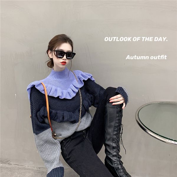 

2021 new autumn loose design sense half high neck sweet ruffled color-blocking knitted sweater fashion warm urot, White;black