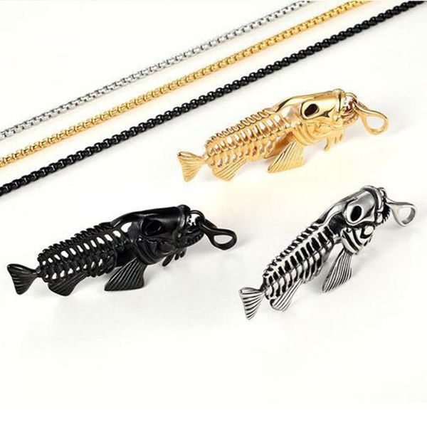 

pendant necklaces versatile fashion wide chain necklace fish bone & fishing hook skeleton stainless steel surfer, Silver