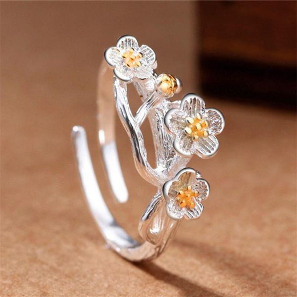 

wedding rings arrival silver plated ring for women wintersweet flower engagement jewelry adjustable size, Slivery;golden