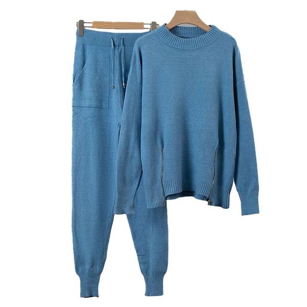 

women's pants & capris zhenbaili za 2022 spring 2 pieces set women knitted pullvers o neck long sleeve sweater+pants suit femme solid s, Black;white