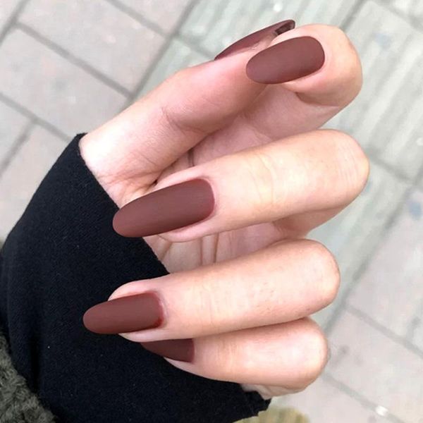 

false nails 24pcs matte frosting circular head deep coffee ti, Red;gold