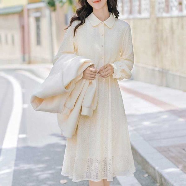 

casual dresses elegant women long sleeve solid party fairy office lady lace turn down neck autumn fashion korean clothing 130f, Black;gray