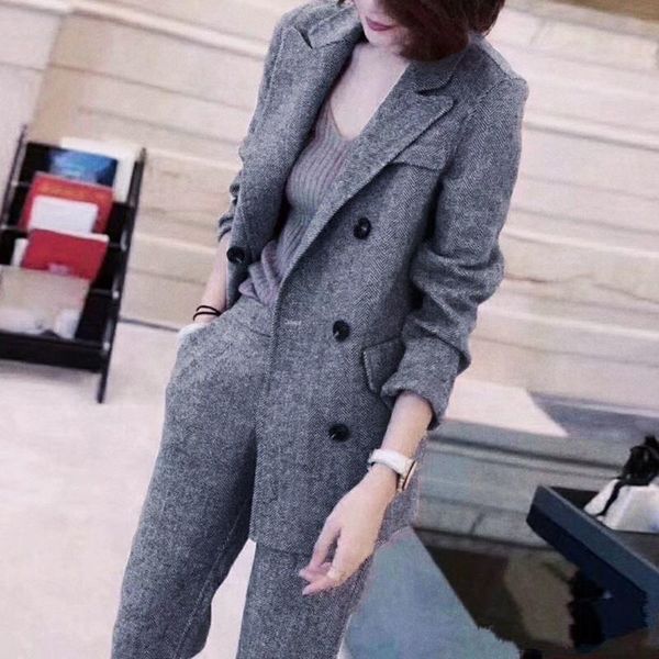 

women's two piece pants autumn thick wool coffee color professional suit blazer woman high waist trouser winter business set two-piece, White