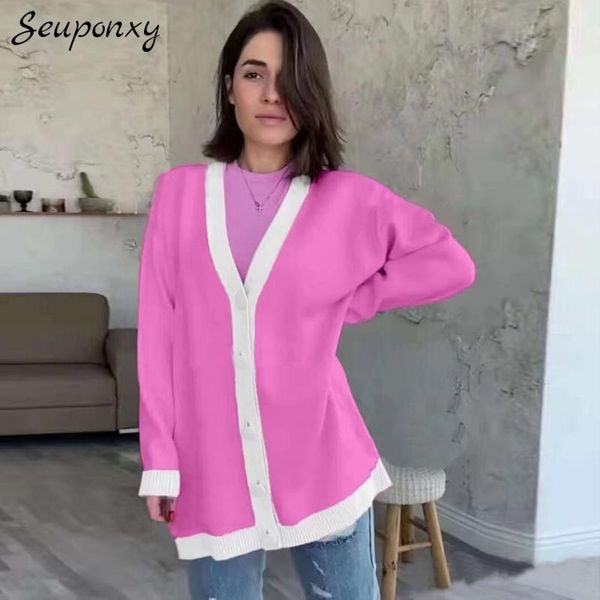 

women's knits & tees autumn 2021 elegant loose knit sweater v-neck lantern sleeves single-breasted casual cardigan, White