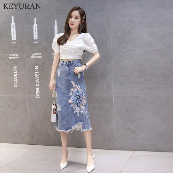 

skirts 2021 summer fashion flower embroidery denim skirt women hole ripped jeans female zipper tassel l3361, Black