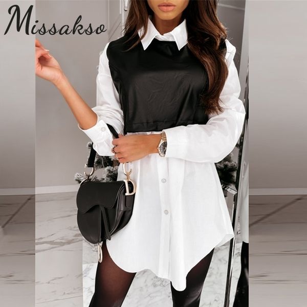 

missakso fashion pu leather patchwork shirt dress 2021 spring autumn turn-down collar button long sleeve casual white mini dress 210316, Black;gray
