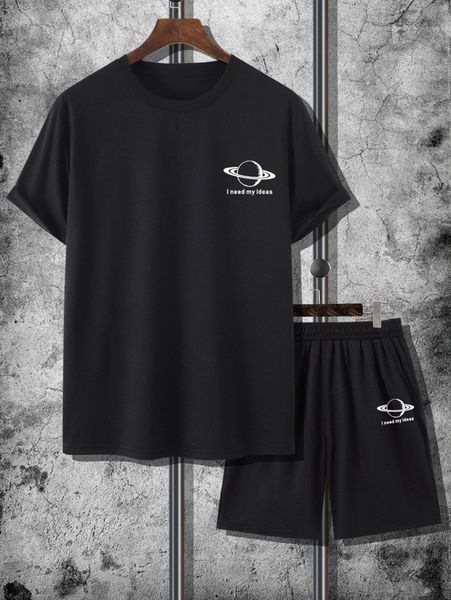 

men slogan and planet print tee & shorts b2dv#, Gray