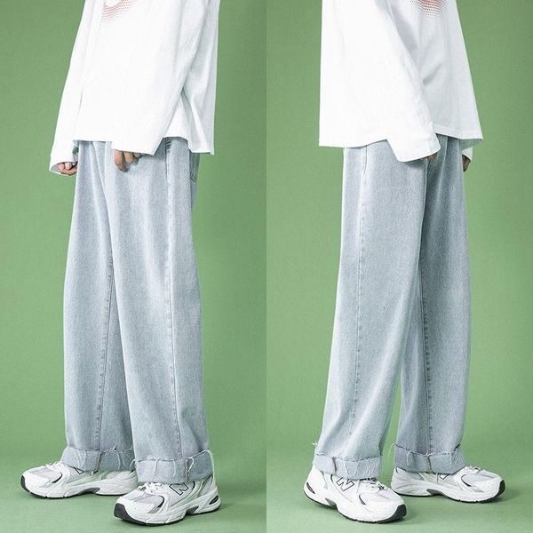 

spring summer solid color jeans men's korean fashion loose wide-leg casual jeans men's streetwear retro denim trousers men, Blue