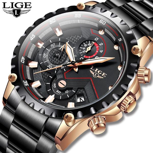 

wristwatches relogio masculino lige 2021 watch men mens watches sports stainless steel waterproof business quartz watch+box, Slivery;brown