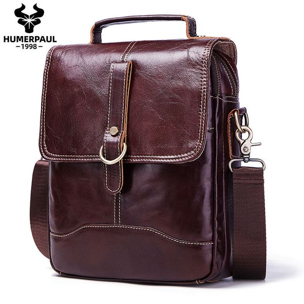 

leather men's single shoulder head layer cowhide double-layer double zipper vertical flap messenger bag