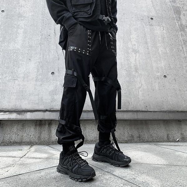 

men's pants hip hop cargo pockets riveting joggers sweatpants men ribbons streetwear harem ankle length fashions trousers, Black