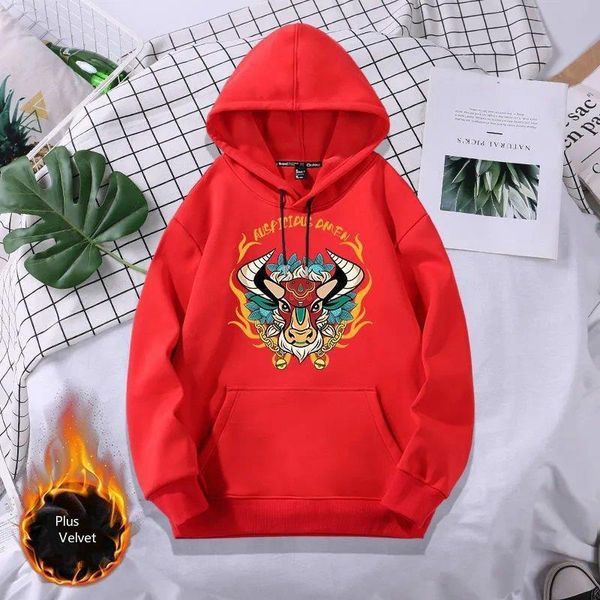 

2020 new men's autumn and winter plus velvet thickening sweatshirt, printed year of the ox hoodie , casual jacket plus size 1207, Black