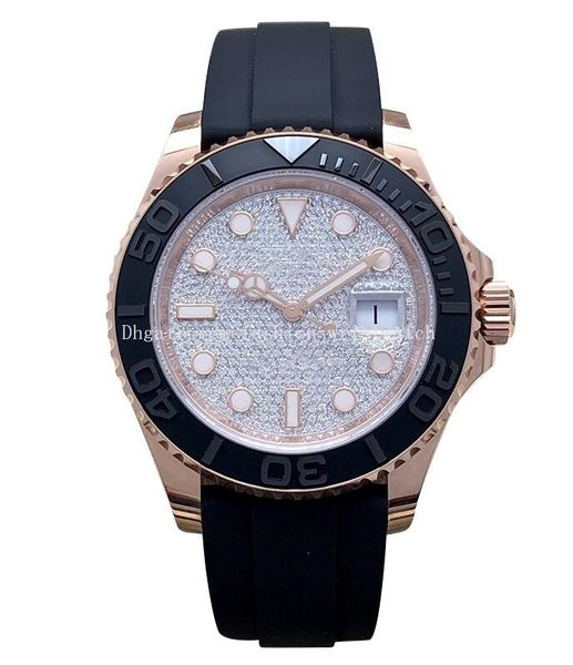 Relógios de luxo masculinos 116655 40mm com mostrador de diamante preto pulseira de borracha rosa ouro moldura de aço novo foto real relógios de pulso masculinos