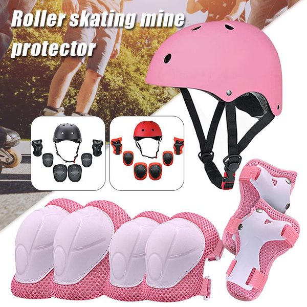 

new universal 7-pieces protective gear set kids skating protective gear knee elbow wrist protection bicycle bikle helmet n6, Black;gray
