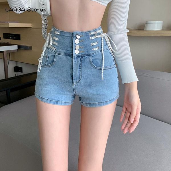 

women's shorts lace four breasted high waist retro denim 2021 slim fit elastic back hollow aesthetic fashion, White;black