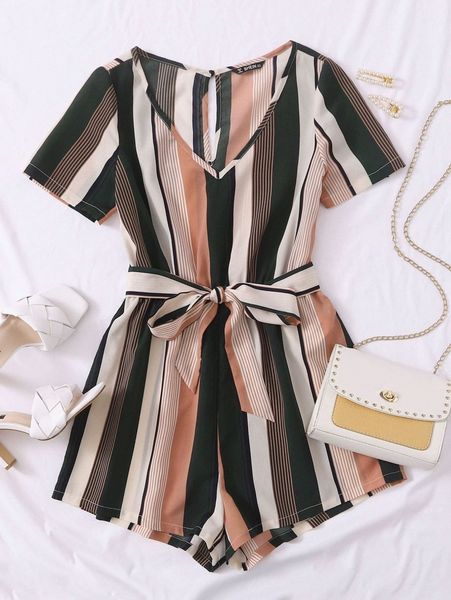

keyhole back self belt striped romper k7hh#, White