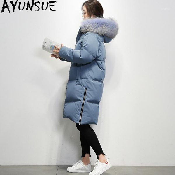 

ayusnue 2019 women's winter down jacket woman hooded long puffer 90% white duck down coat women real raccoon fur collar korean1, Black