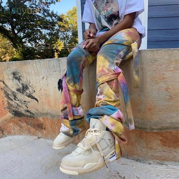

haoyuan tie dye bandage pants fall festival clothing fashion streetwear stacked sweatpants high waisted jogger trousers, Black;white