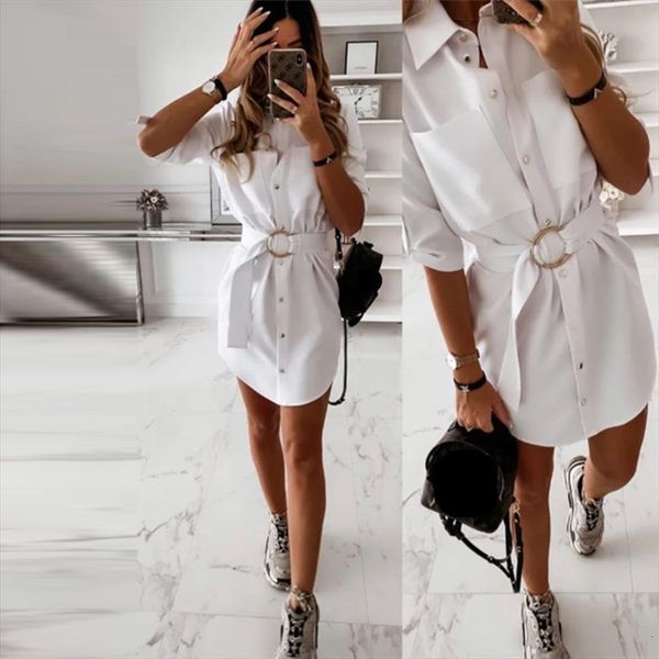 

casual pocket sashes straight womens dress half sleeve turn down collar office lady shirt mini summer, Black;gray