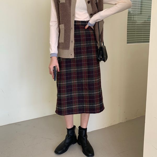 

2021 new 2 colors korean style high elastic waist long woman slim autumn winter plaid woolen a-line skirts womens (c2151) 0hod, Black