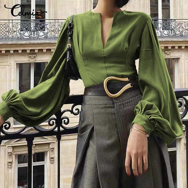 

celmia women and blouses 2021 autumn fashion lantern sleeve elegant shirts long sleeve v-neck casual pleated blusas, White
